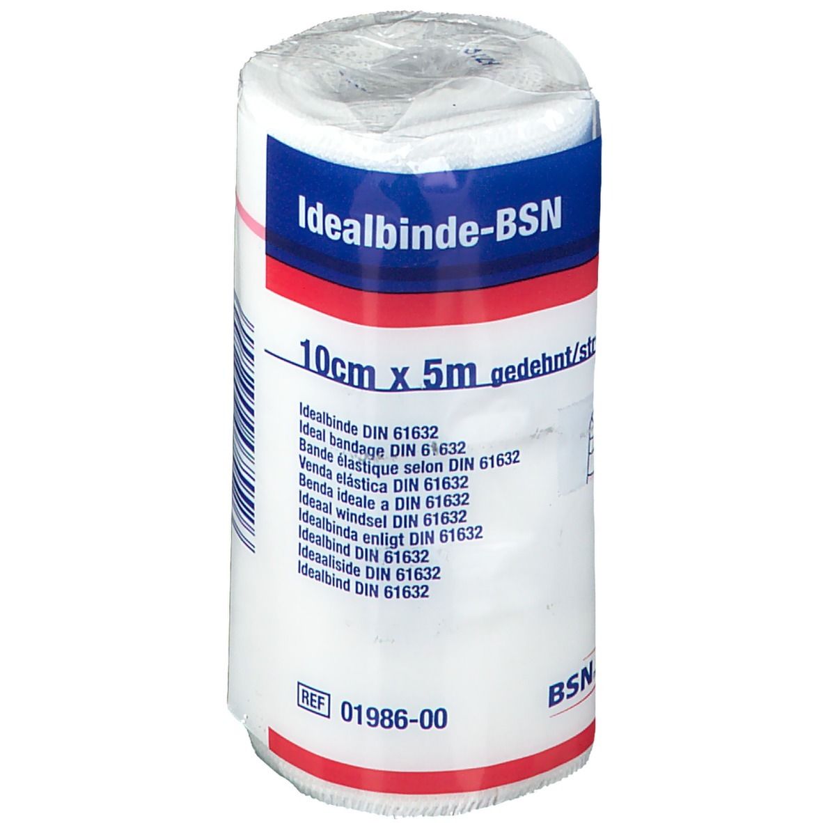 Rouleau de bandage blanc avec inscriptions bleues et rouges. Inscription : Idealbinde-BSN, 10cm x 5m. DIN 61632. Logo BSN.