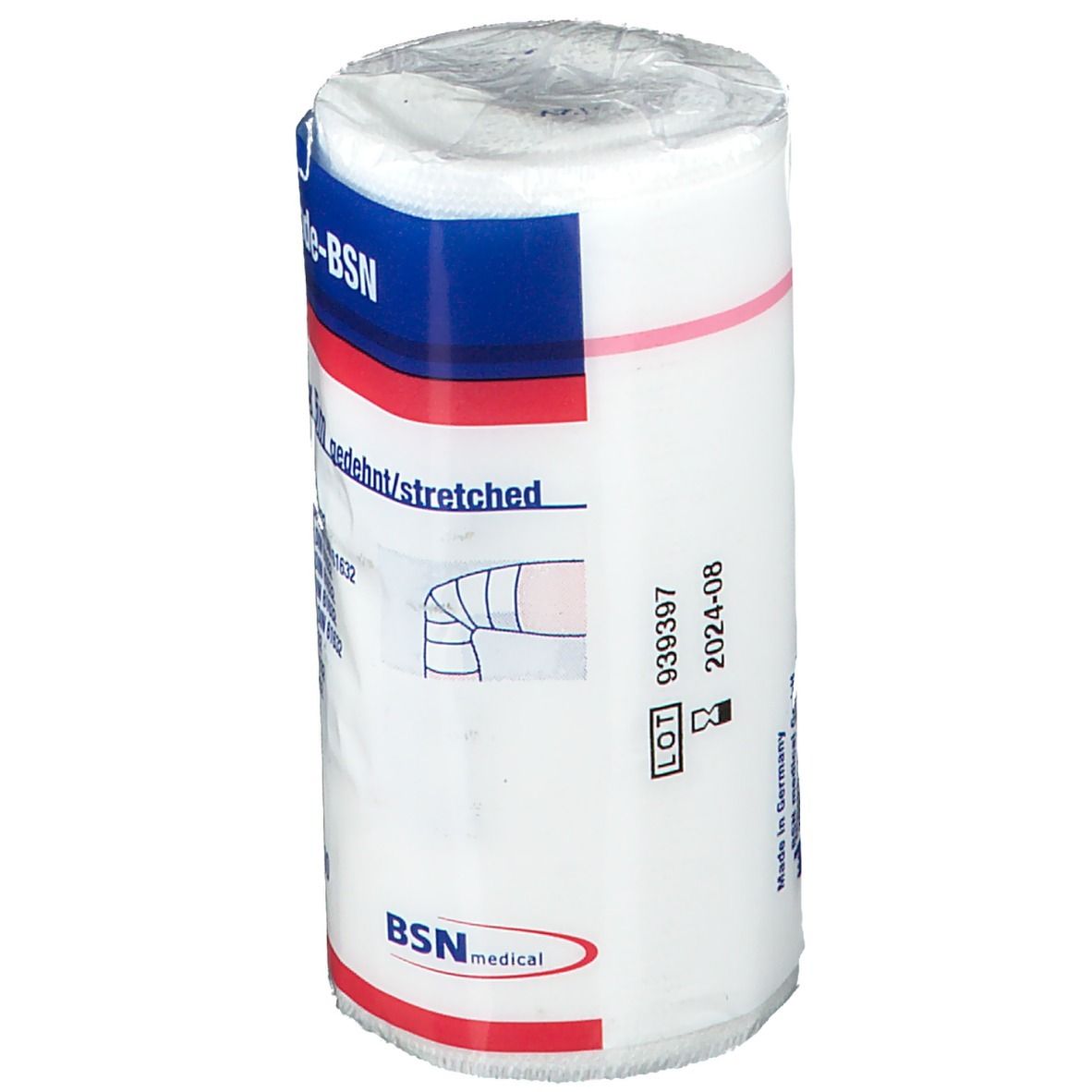 Rouleau de bandage blanc avec inscriptions bleues et rouges. Inscription : BSN medical. Illustration du genou. Numéro de lot et date d'expiration.