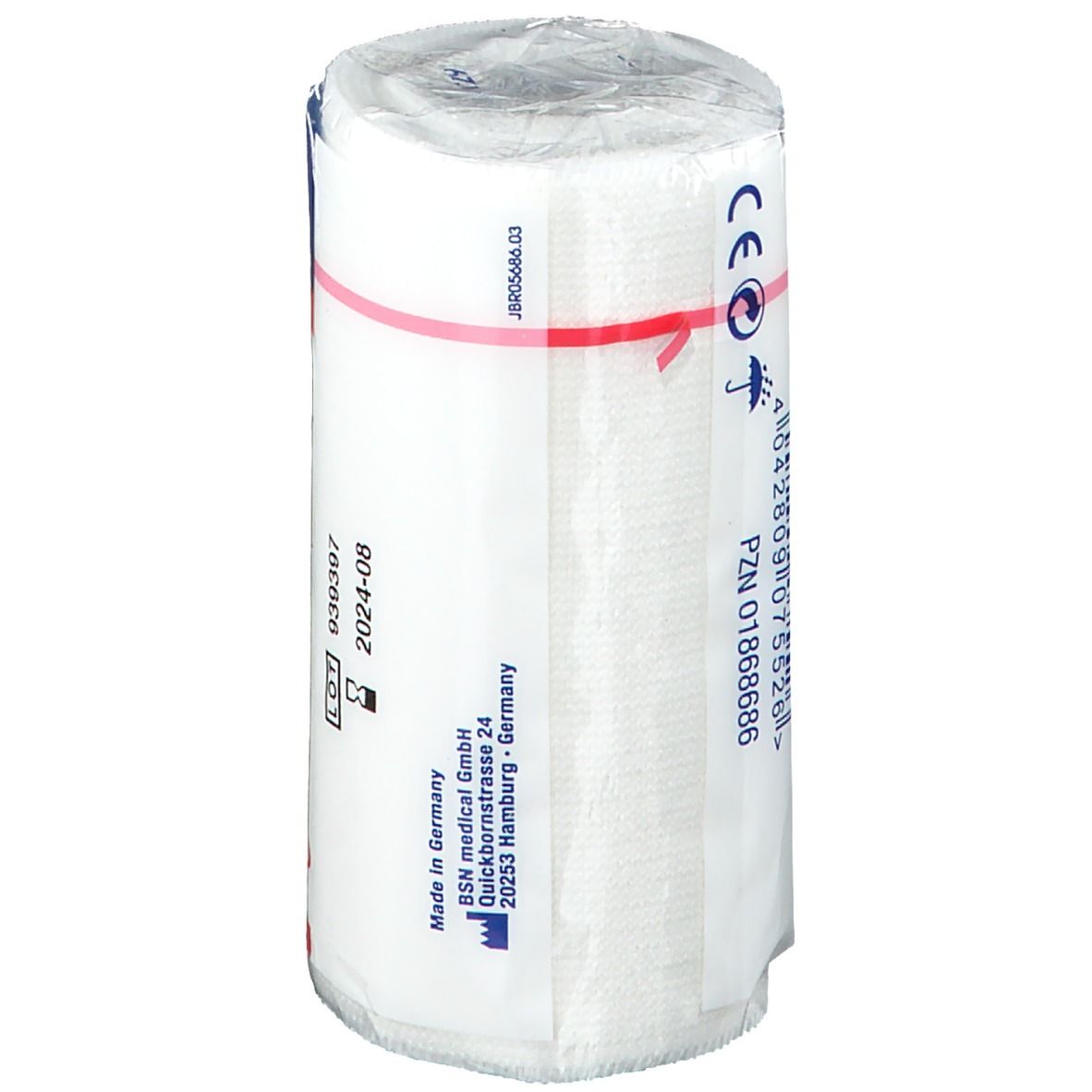 Rouleau de bandage blanc avec inscriptions bleues et rouges. Inscription : Marquage CE. Adresse du fabricant. Numéro de lot et date d'expiration.