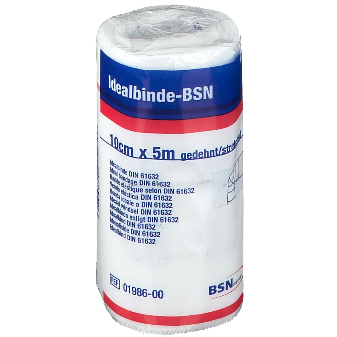 Rouleau de bandage blanc avec inscriptions bleues et rouges. Inscription : Idealbinde-BSN, 10cm x 5m. DIN 61632. Logo BSN.