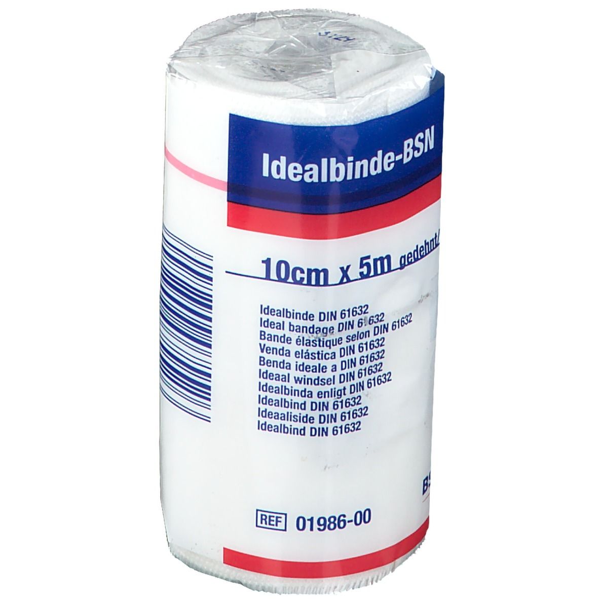 Rouleau de bandage blanc avec inscriptions bleues et rouges. Inscription : Idealbinde-BSN, 10cm x 5m. DIN 61632. Logo BSN.