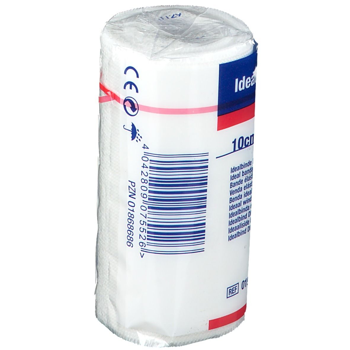 Rouleau de bandage blanc avec inscriptions bleues et rouges. Inscription : Marquage CE. Code-barres. Numéro PZN. Numéro REF.