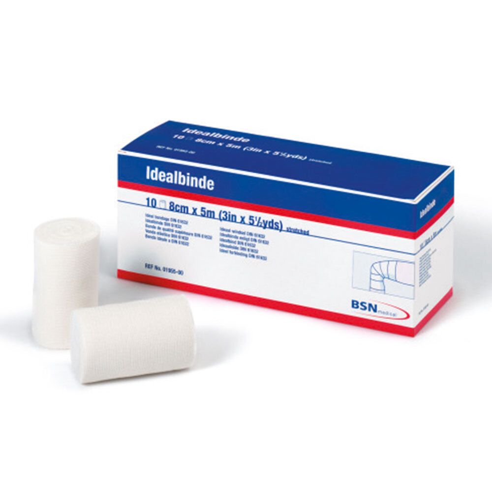 Boîte et rouleaux de bandage. Idealbinde, 10 cm x 5 m. BSN Medical. Bandages blancs.