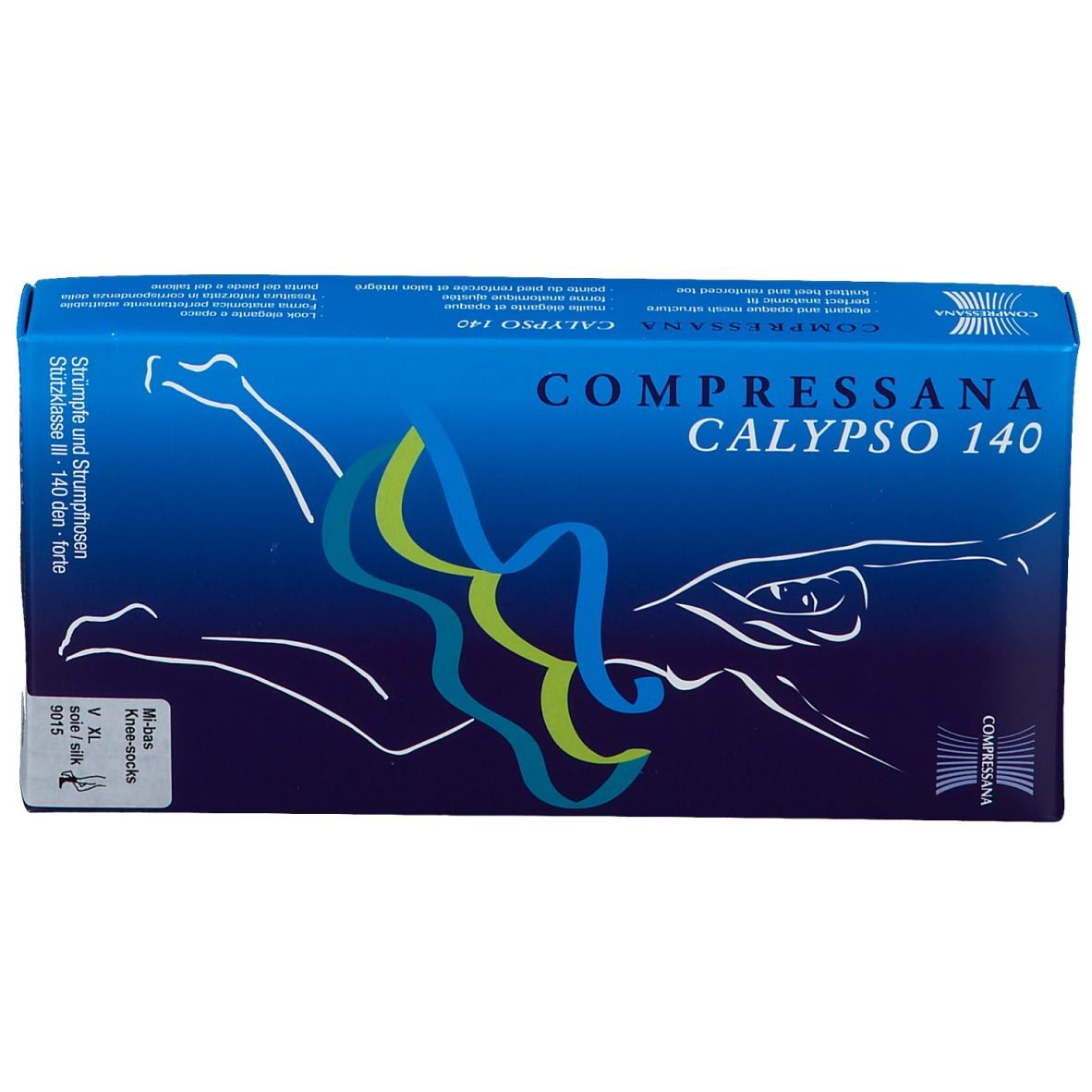 Boîte bleue Compressana Calypso 140, bas de contention, classe de soutien III, 140 den.