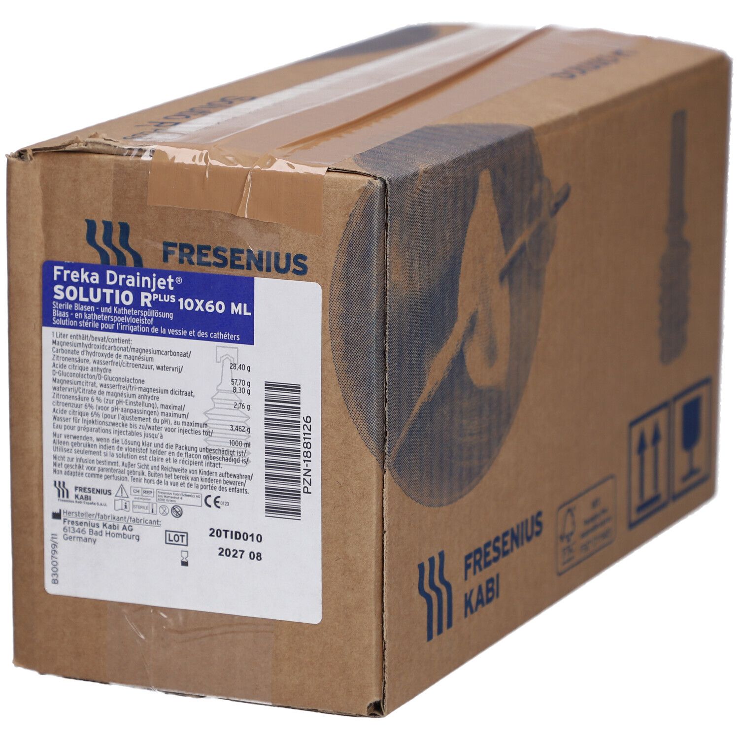 Boîte en carton avec impressions. Inscription : Freka Drainjet Solutio R Plus 10x60 ml. Fabricant : Fresenius Kabi. Informations produit et marquage CE.