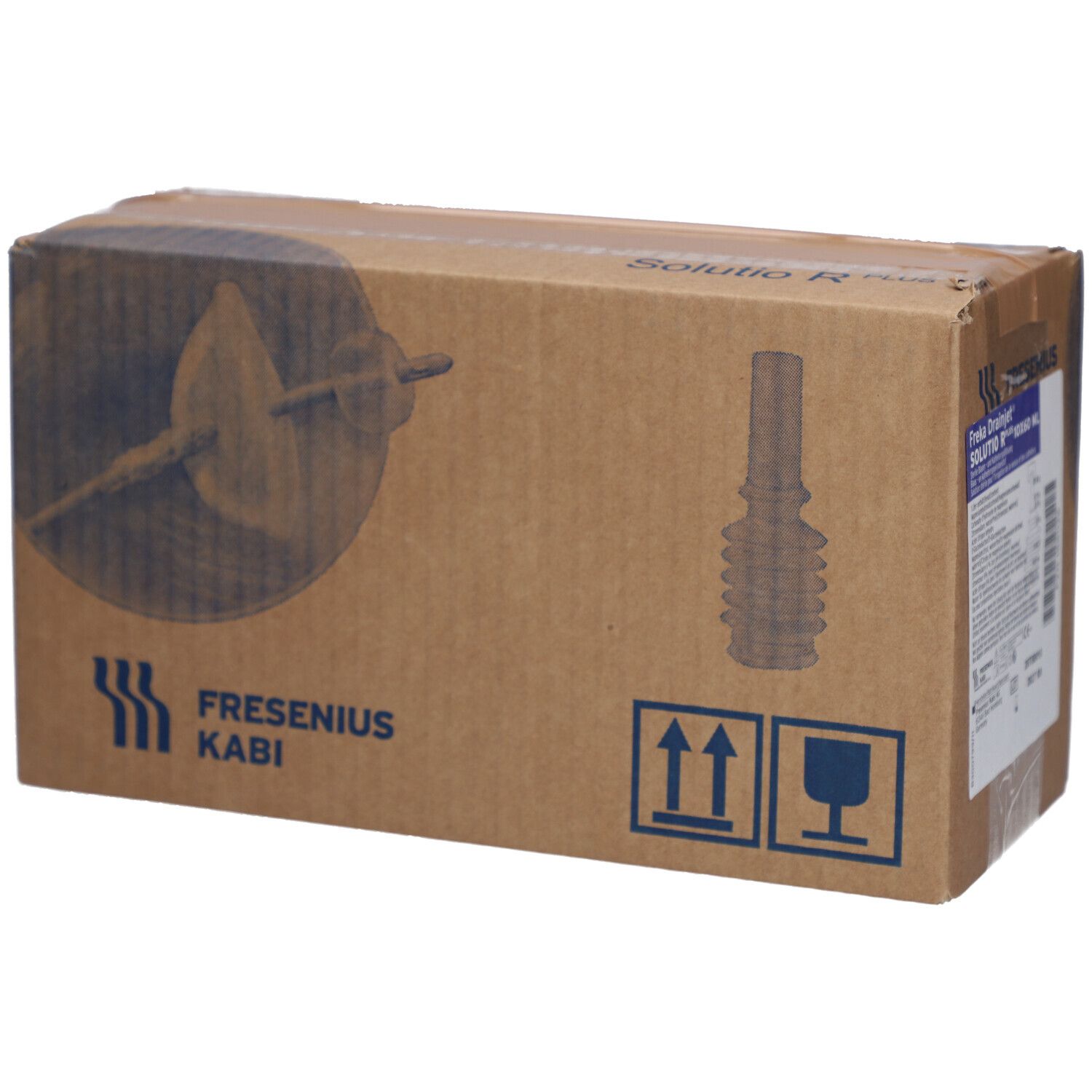 Boîte en carton marron avec illustration du produit. Logo Fresenius Kabi. Illustration d'un produit. Marquages de transport.