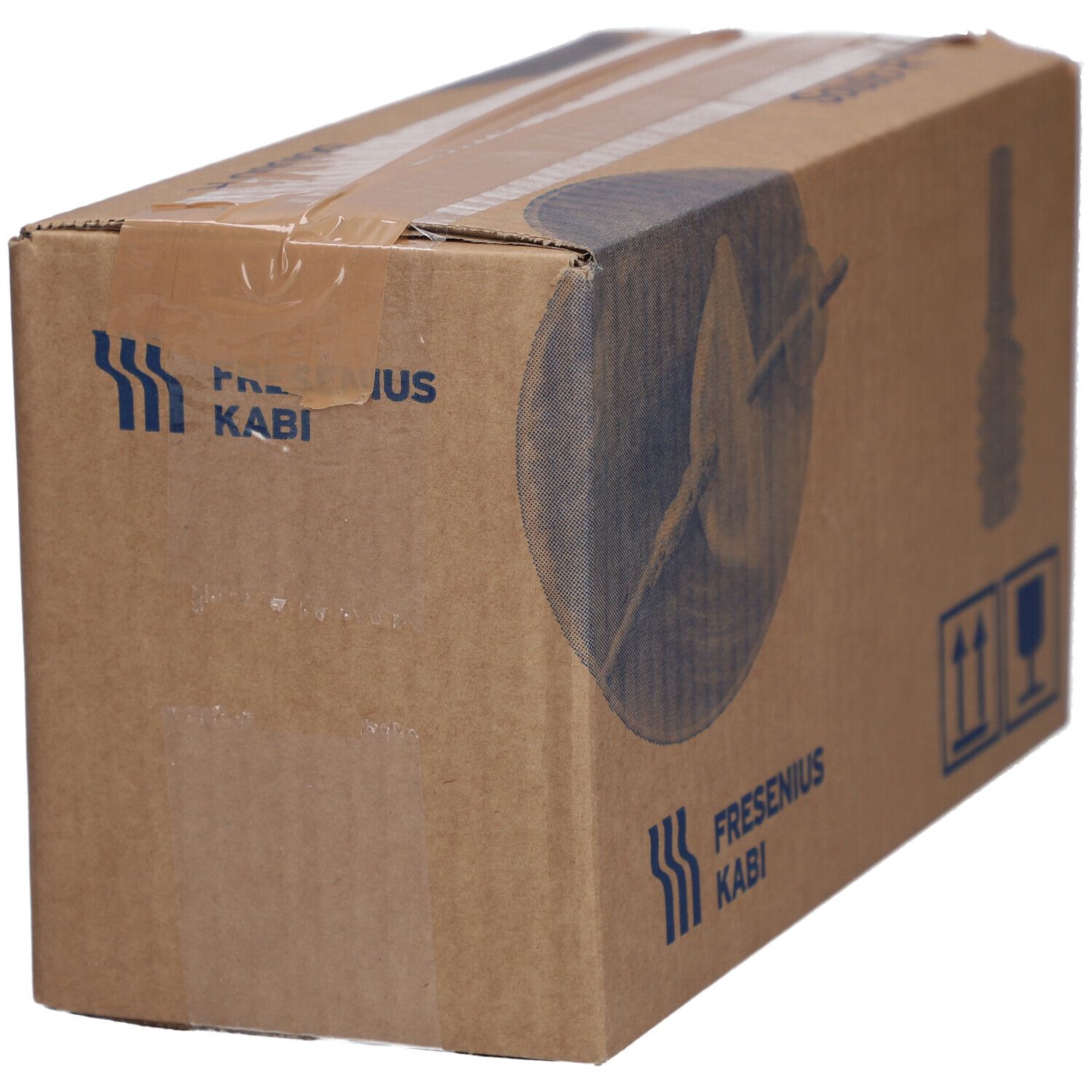 Boîte en carton marron avec logo Fresenius Kabi. Impression Freka Drainjet Solutio R Plus. Marquages de transport.