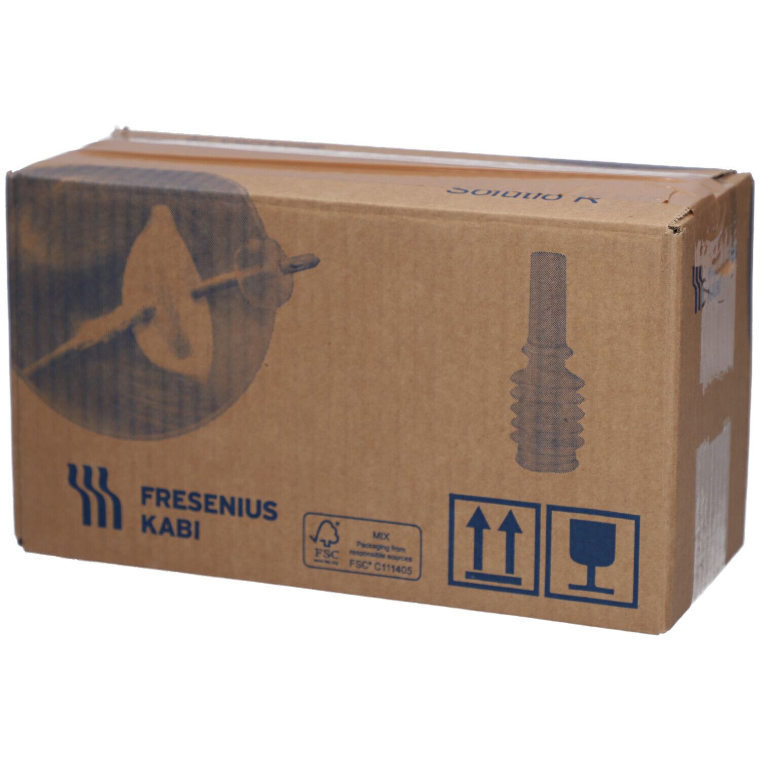 Boîte en carton marron avec logo Fresenius Kabi. Impression Freka Drainjet Solutio R Plus. Marquages de transport.