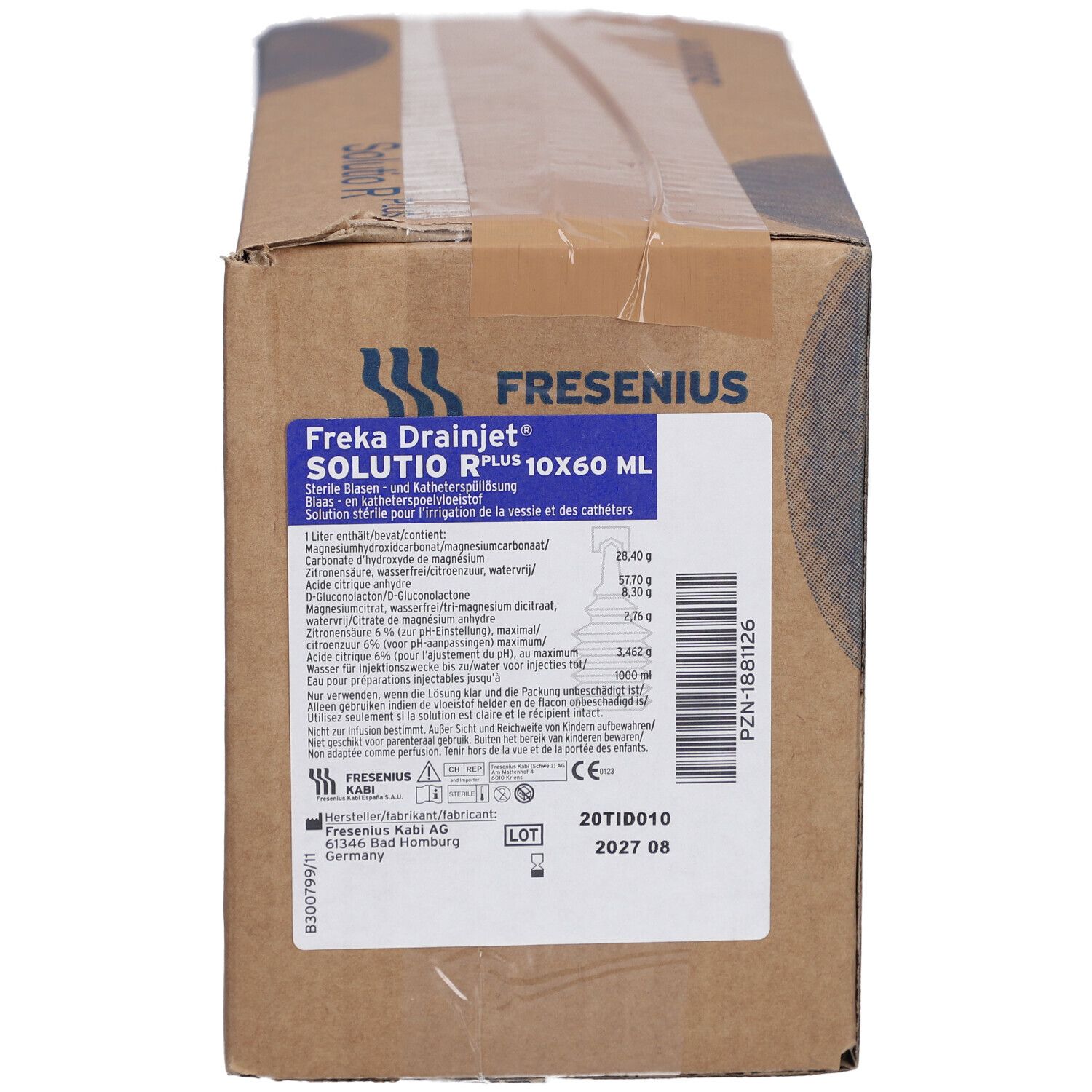Boîte en carton avec impressions. Inscription : Freka Drainjet Solutio R Plus 10x60 ml. Fabricant : Fresenius Kabi. Informations produit et marquage CE.