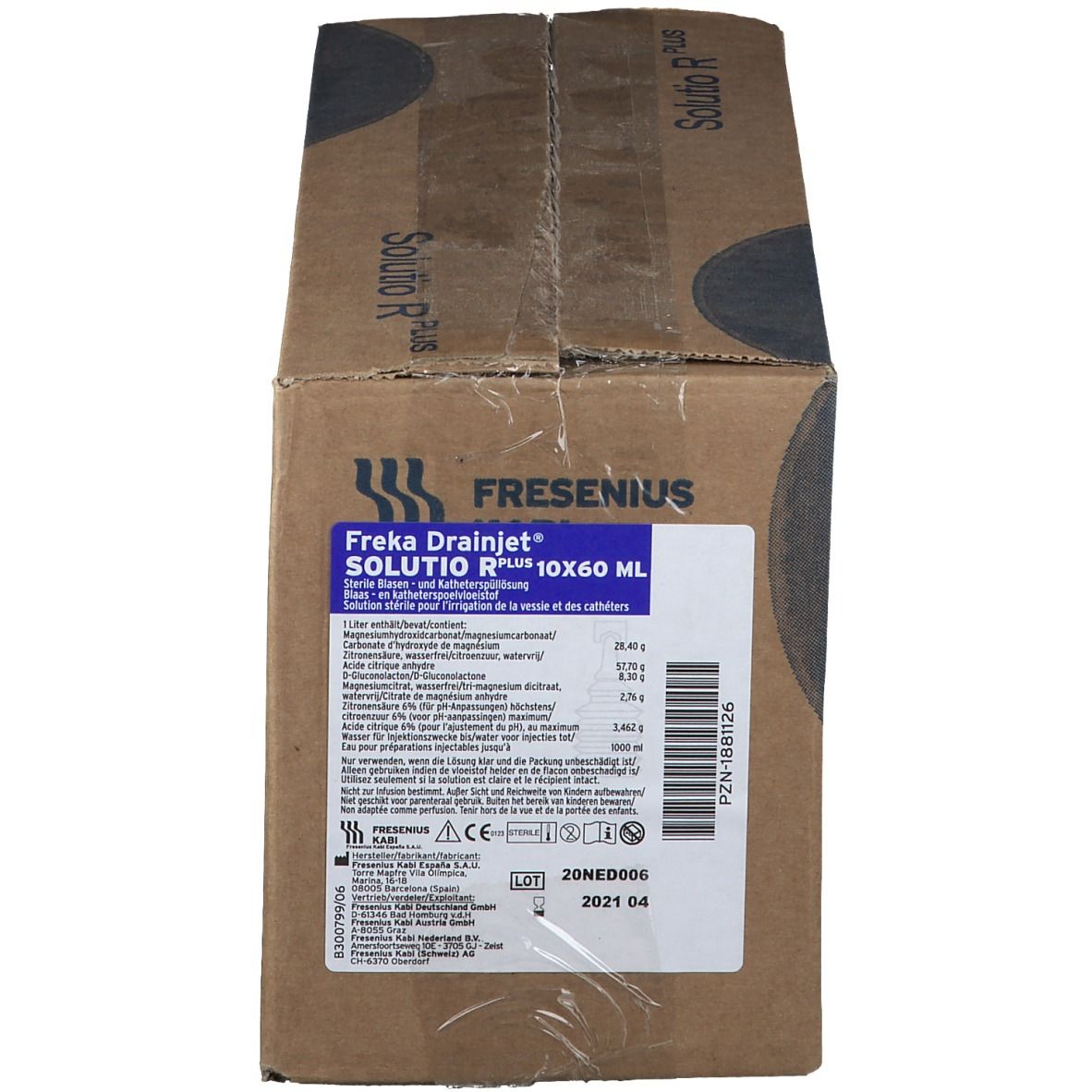 Boîte en carton avec impressions. Inscription : Freka Drainjet Solutio R Plus 10x60 ml. Fabricant : Fresenius Kabi. Informations produit et marquage CE.