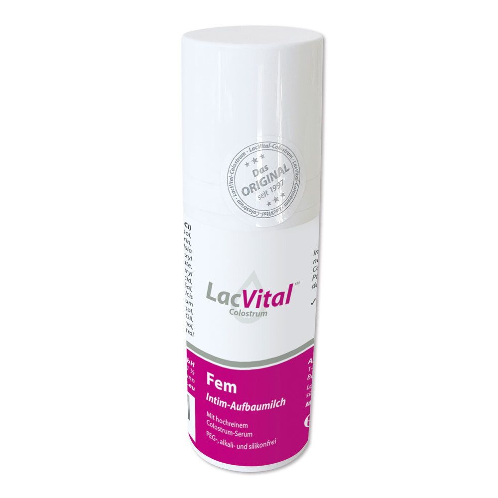 Flacon blanc avec étiquette rose. Nom du produit: LacVital Colostrum Fem Intim-Aufbaumilch. Avec sceau.