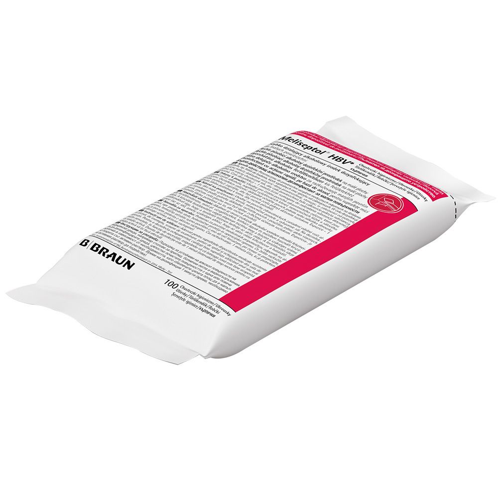 Emballage blanc avec texte rouge. Inscription : B. Braun, Meliseptol HBV Tücher. Contient 100 lingettes.