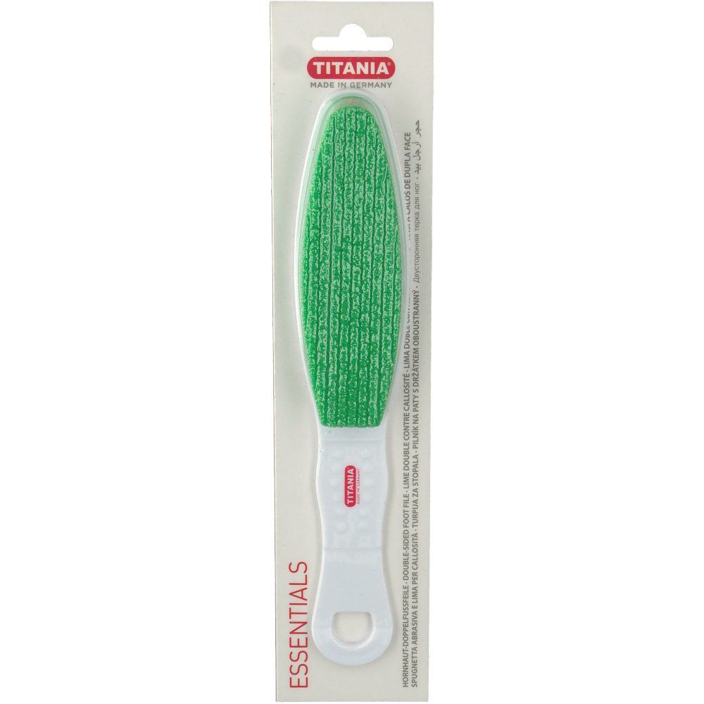 Lime double face pour pieds, verte. Manche blanc avec trou. Emballage Essentials.