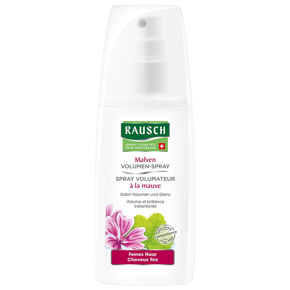 Spray blanc avec texte vert et rouge. Inscription: RAUSCH, Malven Volumen-Spray, illustration florale.