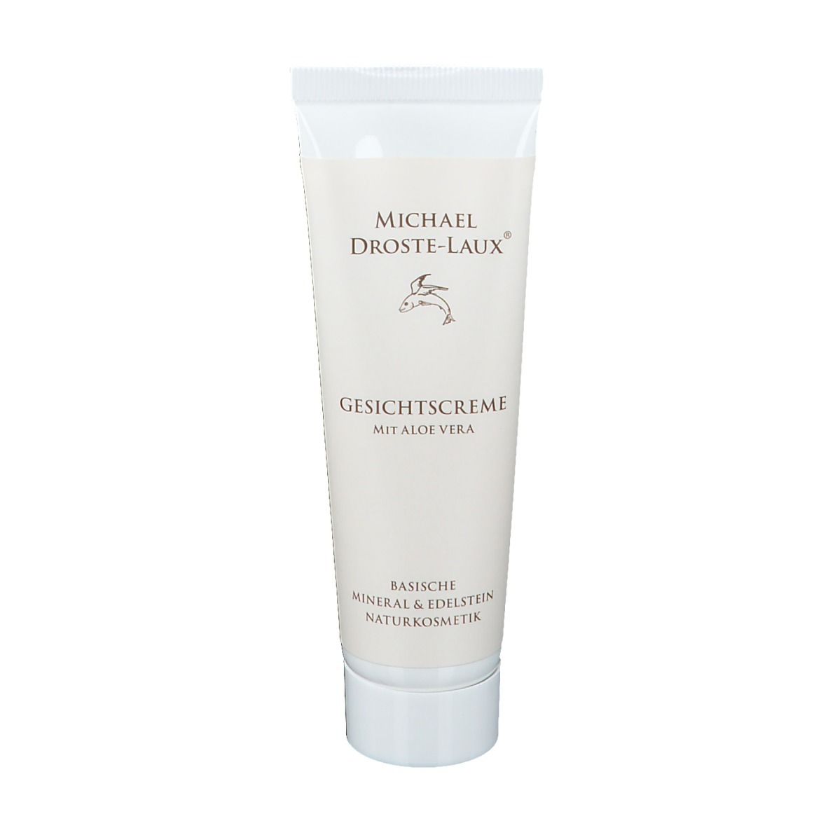 Tube de crème avec nom du produit et logo. Texte : Crème pour le visage à l'aloe vera. Tube blanc, bouchon blanc.