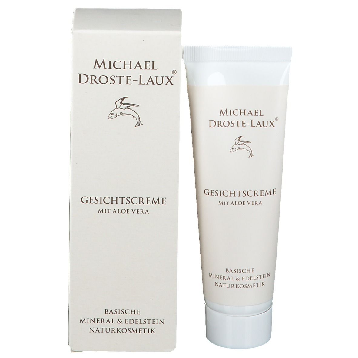 Produit et emballage. Tube de crème et carton. Texte : Crème pour le visage à l'aloe vera. Logo et nom du produit.