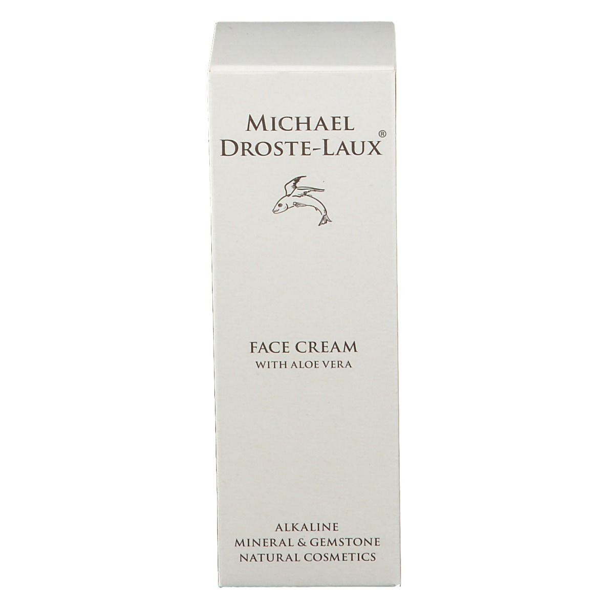 Emballage en carton. Texte : Crème pour le visage à l'aloe vera. Logo et nom du produit. Emballage blanc.