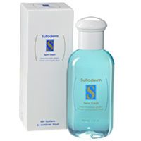 Flacon et boîte de Sulfoderm S Teint Fresh. Flacon avec contenu bleu, bouchon blanc. Boîte blanche avec logo.