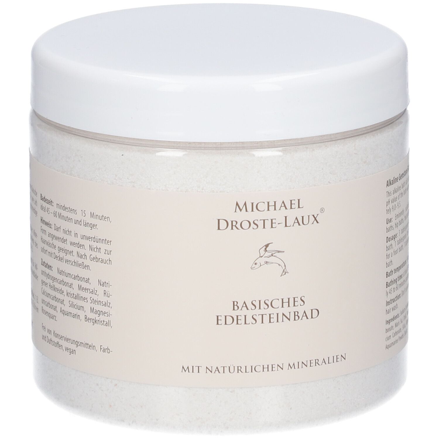 Récipient rond blanc avec bouchon à vis. Inscription : MICHAEL DROSTE-LAUX®, Bain de pierres précieuses basique, avec minéraux naturels.