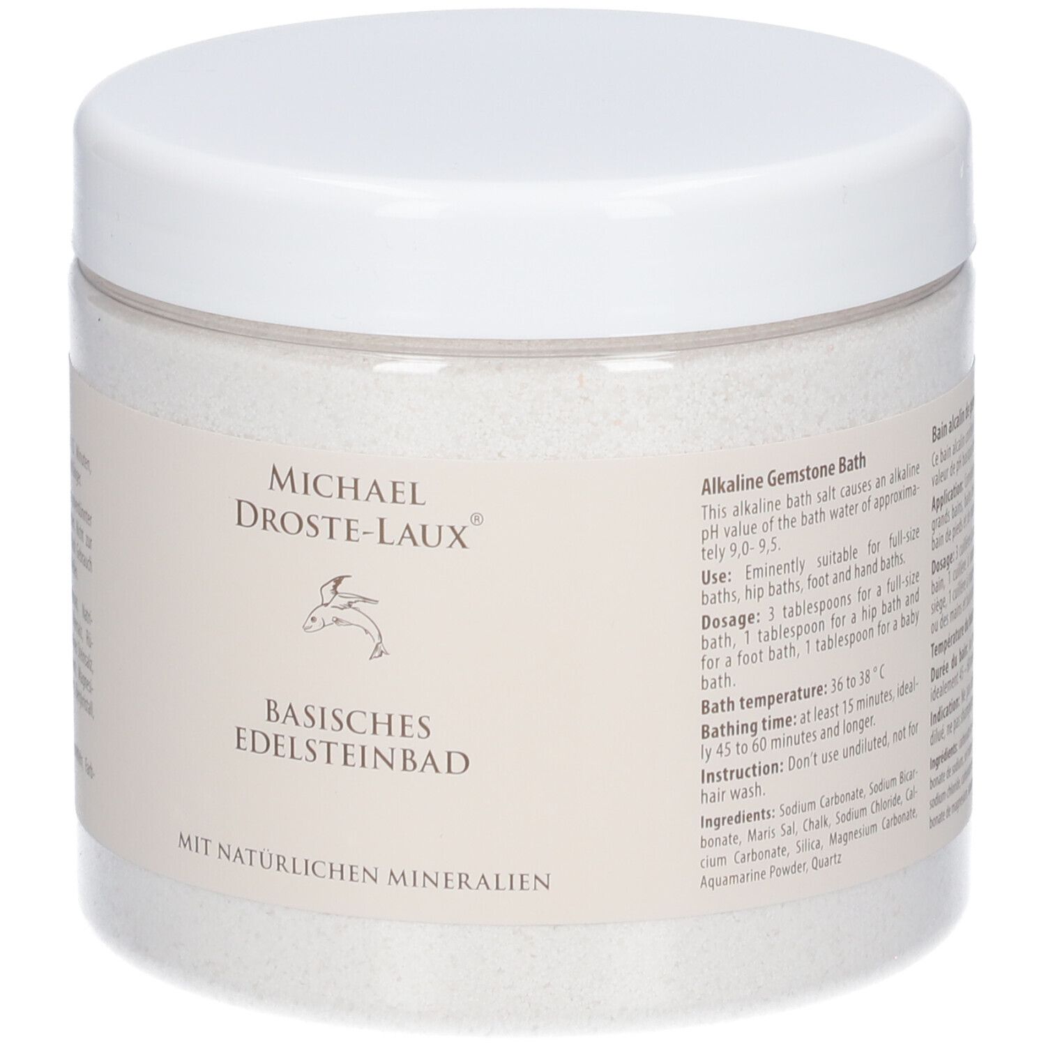 Récipient rond blanc avec bouchon à vis. Texte en anglais. Inscription : MICHAEL DROSTE-LAUX®, Bain de pierres précieuses basique.
