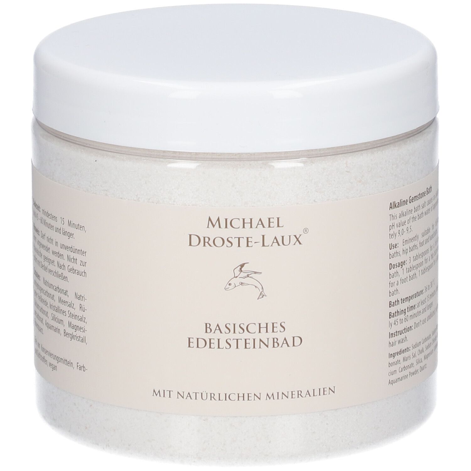 Récipient rond blanc avec bouchon à vis. Inscription : MICHAEL DROSTE-LAUX®, Bain de pierres précieuses basique, avec minéraux naturels.