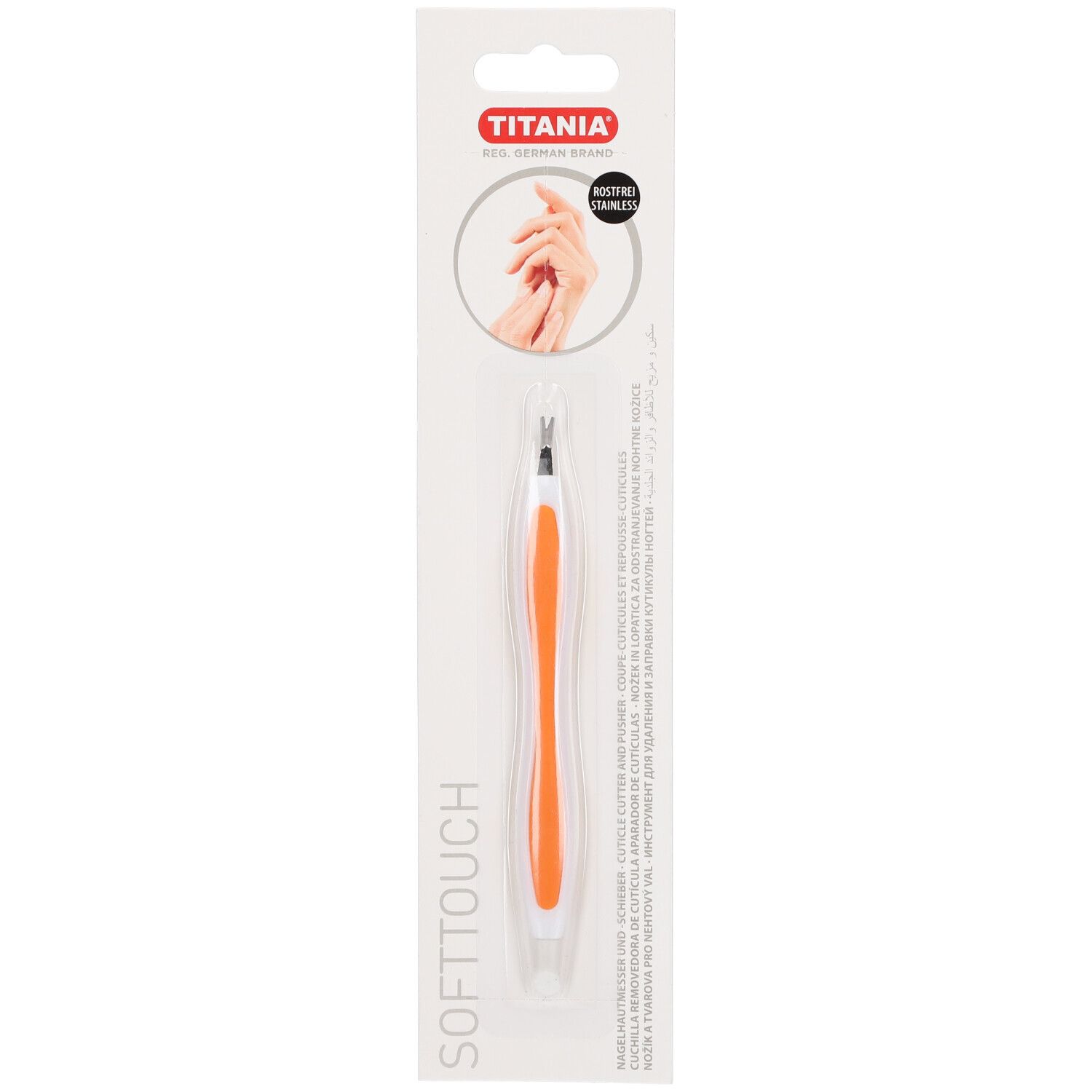 Pousse-cuticules et coupe-cuticules dans son emballage. Manche orange, lame argentée. Marque TITANIA®.