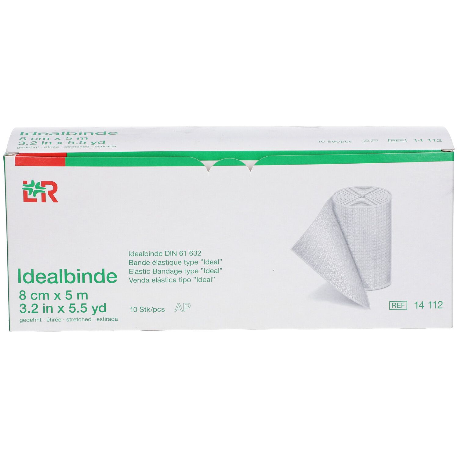 Emballage Idealbinde, 8 cm x 5 m. Bande élastique blanche partiellement déroulée. Emballage avec logo et informations.