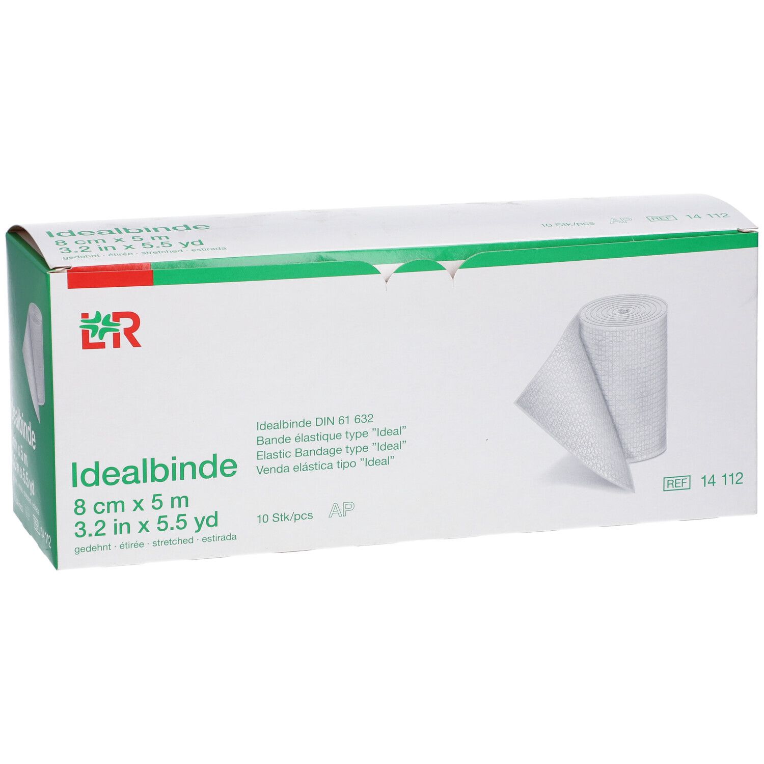 Emballage Idealbinde, 8 cm x 5 m. Bande élastique blanche partiellement déroulée. Emballage avec logo et informations.