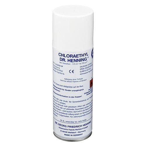 Bombe aérosol blanche "CHLORAETHYL DR. HENNING". Contient 175 ml. Marque CE. Spray réfrigérant.