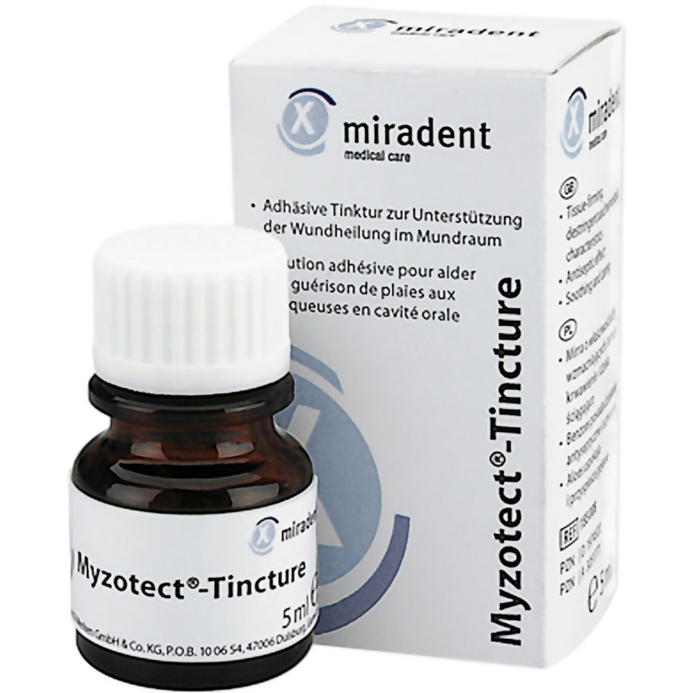 Flacon en verre brun avec bouchon blanc et étiquette. L'étiquette indique 'Myzotect-Tincture' et 'miradent'. À côté, une boîte.