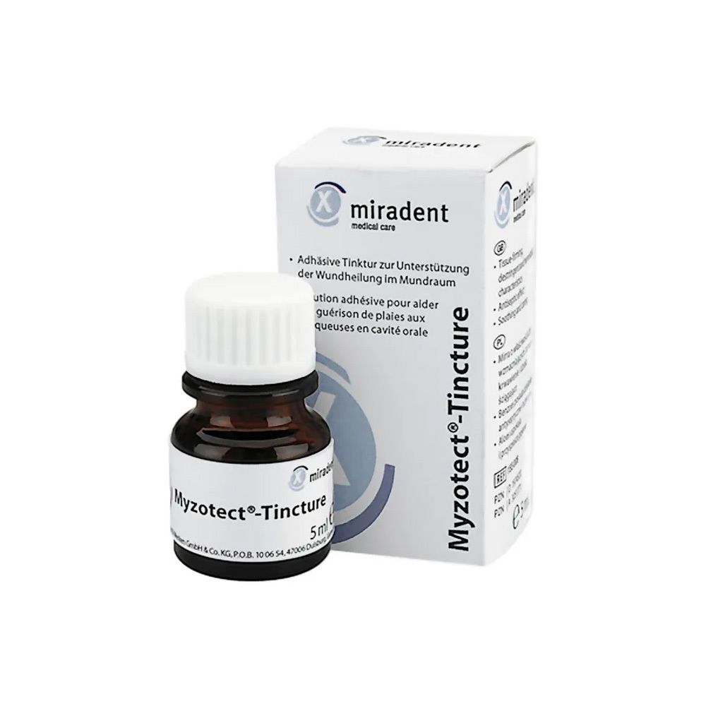 Flacon brun et boîte. Inscription: Myzotect®-Tincture, 5ml. Marque: miradent.
