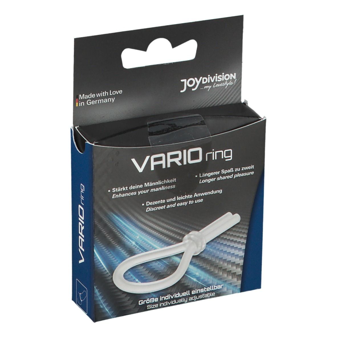 Emballage du produit VARIOring avec un anneau transparent.