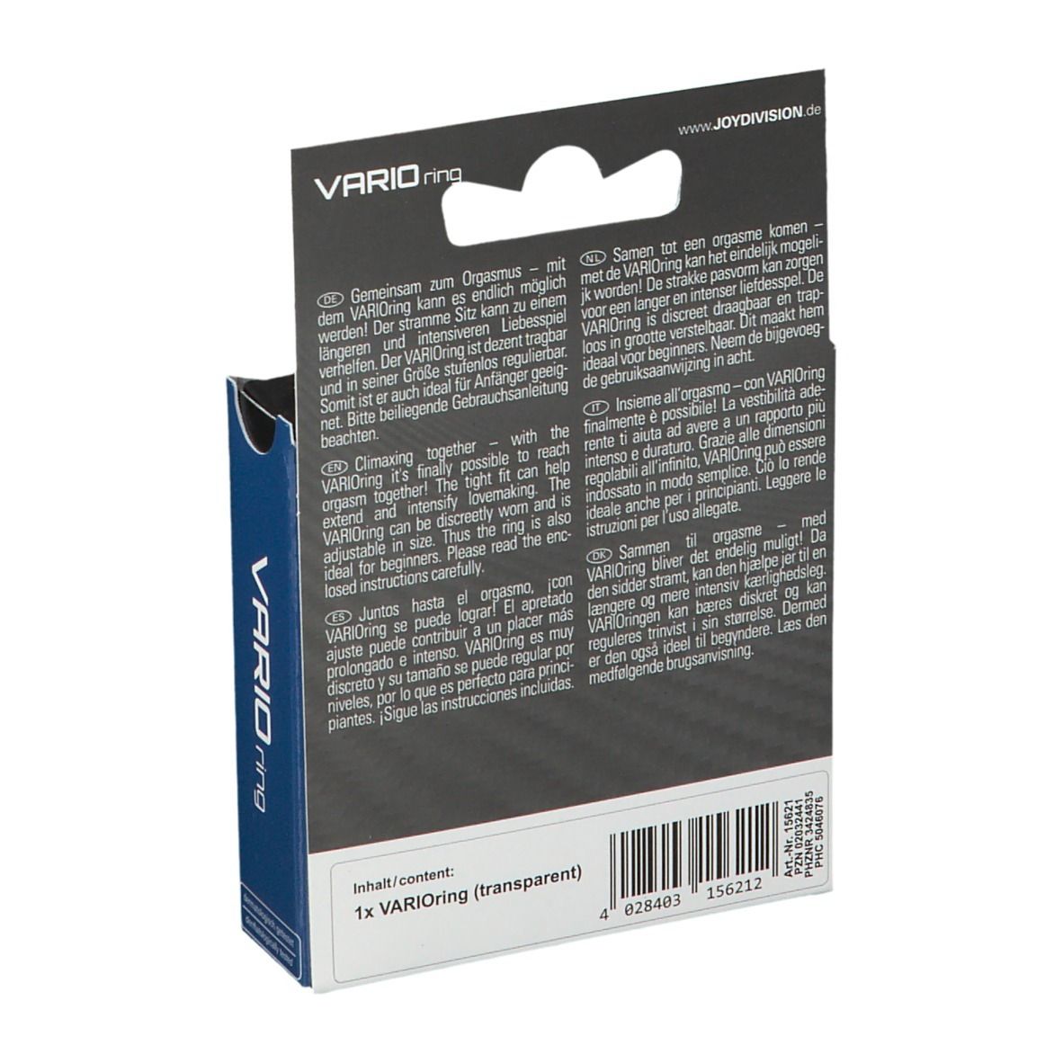 Arrière de l'emballage du produit VARIOring avec informations produit.