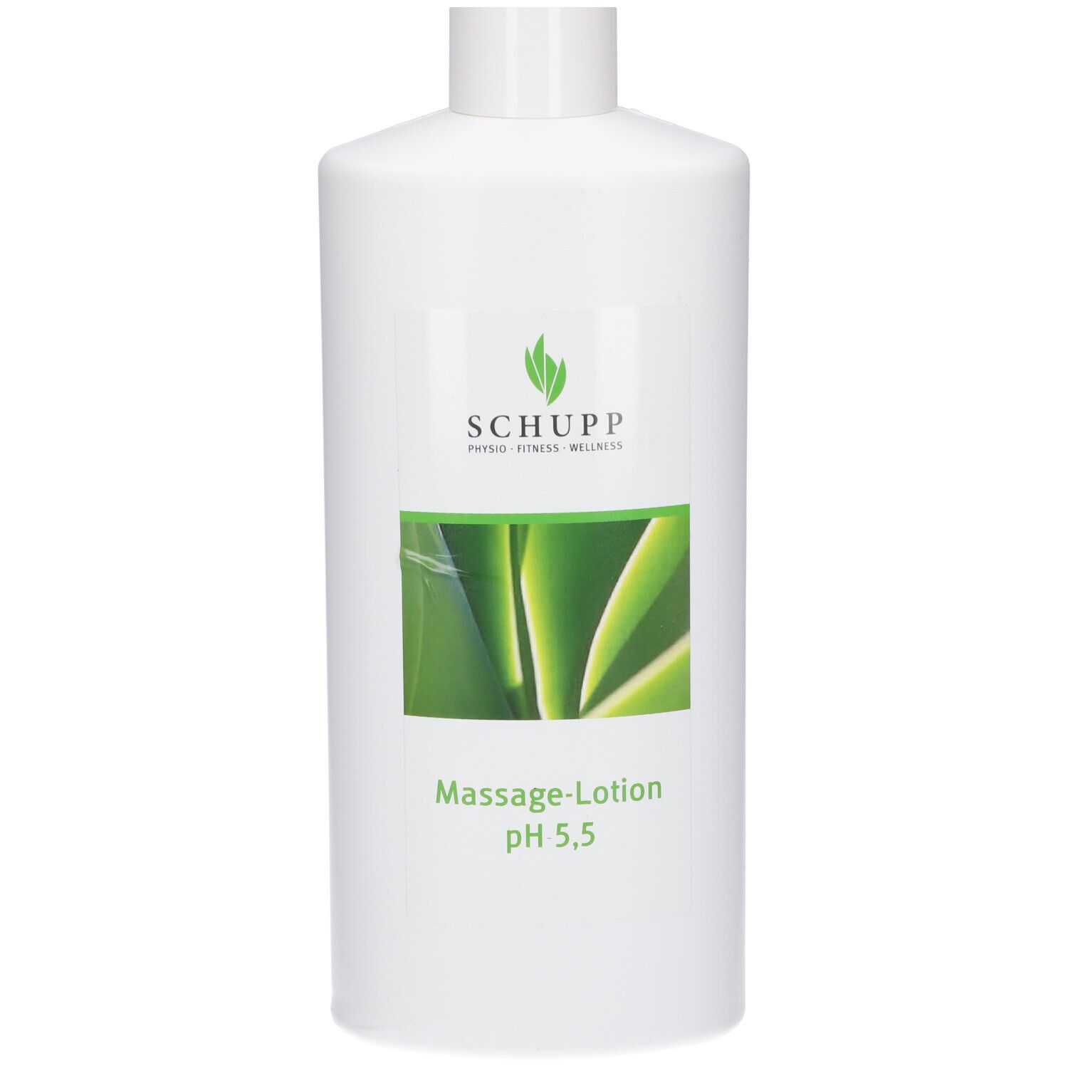 Flacon blanc avec étiquette verte. Inscription: SCHUPP, Massage-Lotion pH 5,5. Logo avec feuilles.