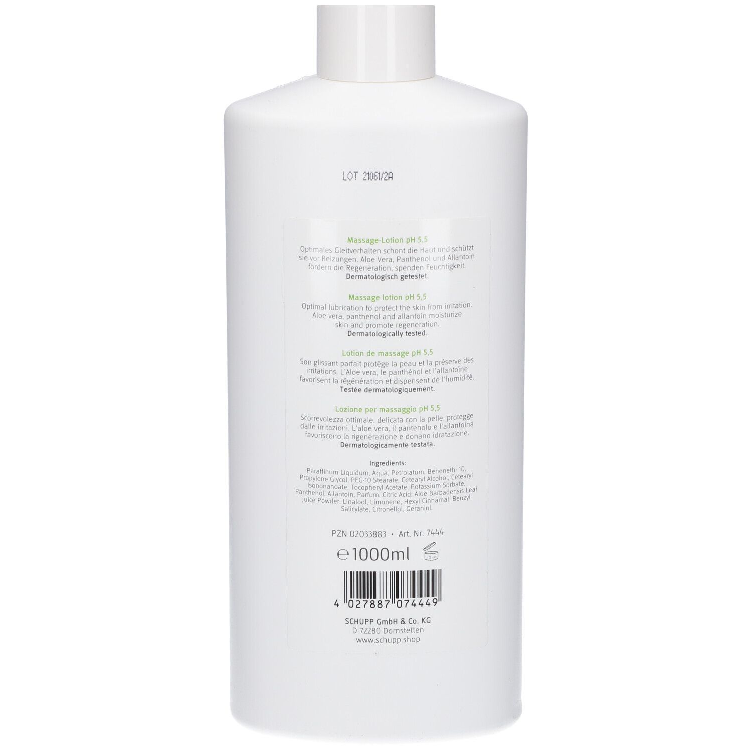 Dos du flacon blanc. Texte multilingue. Inscription: Massage Lotion pH 5,5. 1000ml.