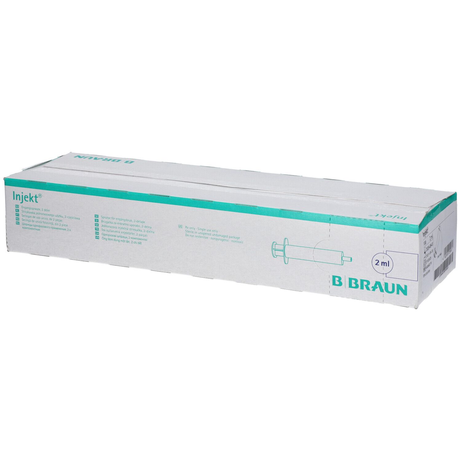 Boîte de seringues Injekt®. Inscription : B Braun, 2 ml. Emballage vert et blanc.