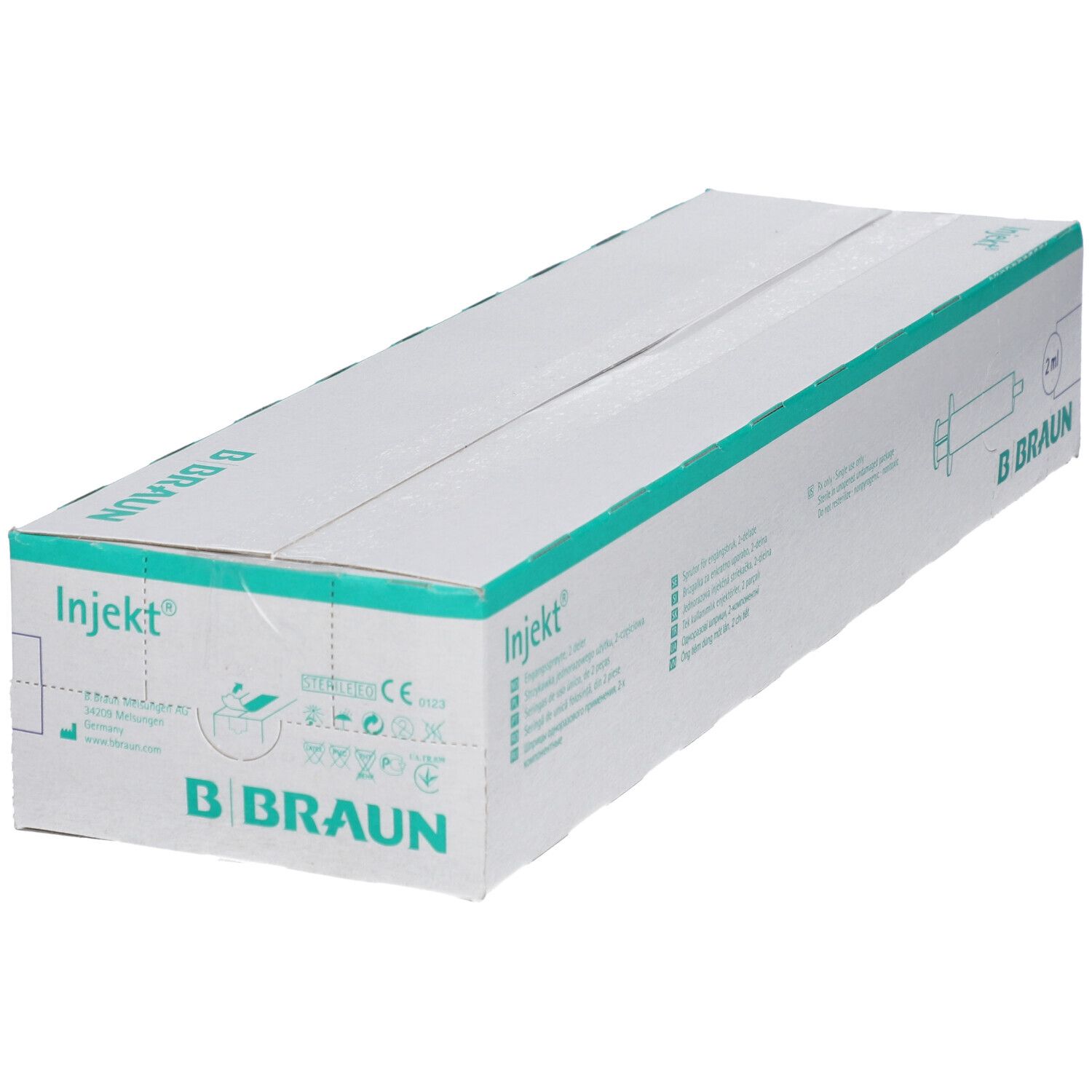 Boîte de seringues Injekt®. Inscription : B Braun. Emballage vert et blanc.