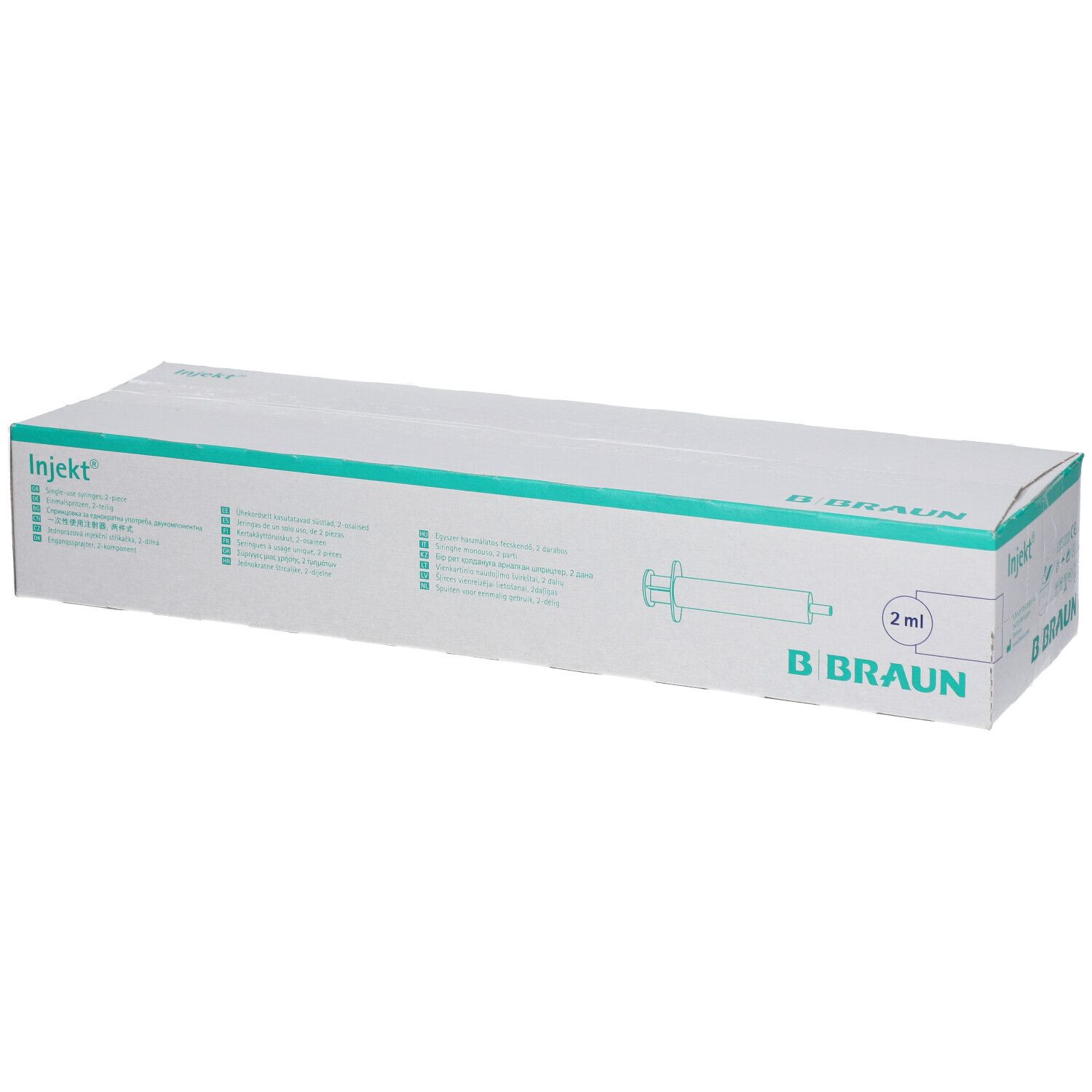 Boîte de seringues Injekt®. Inscription : B Braun, 2 ml. Emballage vert et blanc.