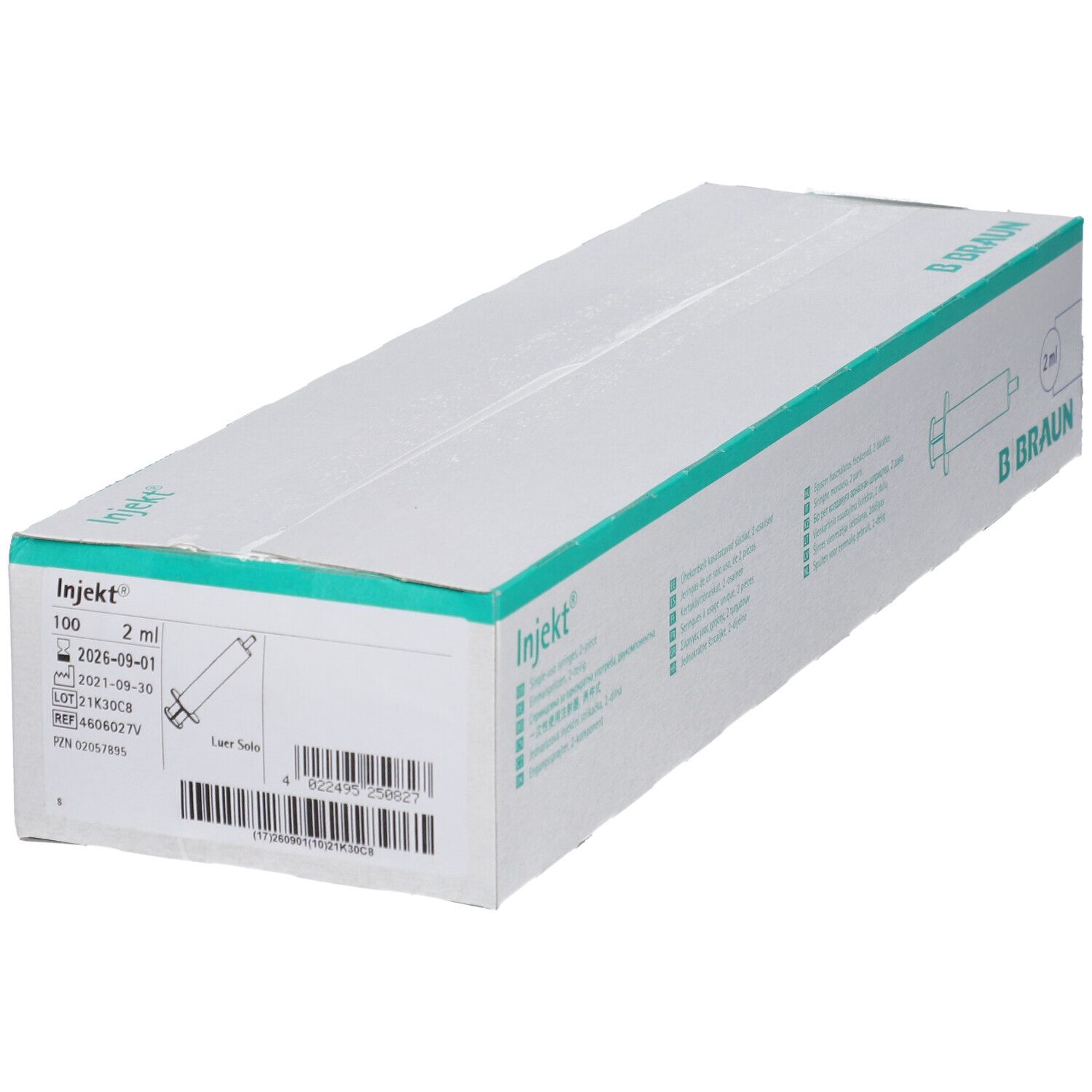 Boîte de seringues Injekt®. Inscription : B Braun, 2 ml. Emballage vert et blanc. Numéro de lot.