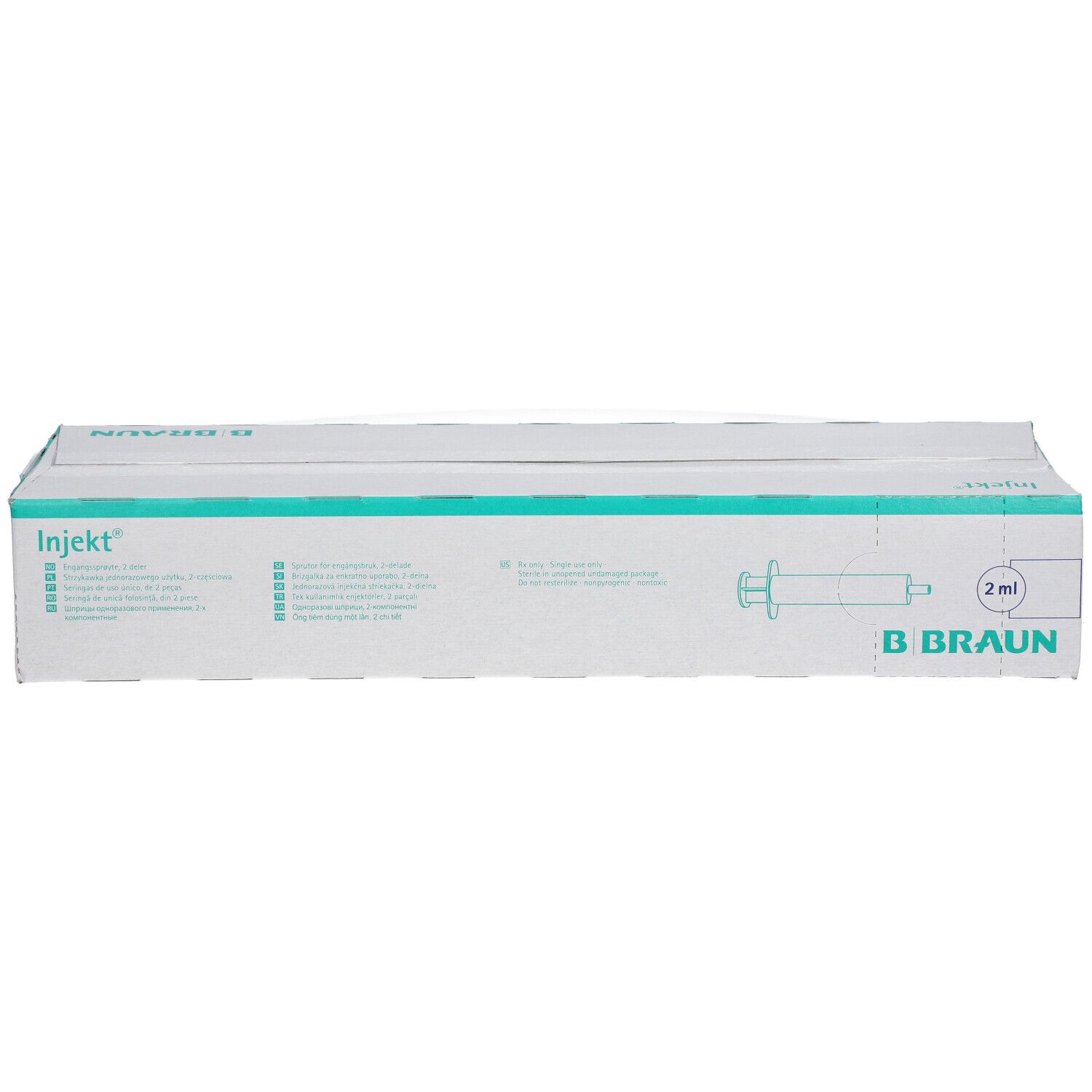 Boîte de seringues Injekt®. Inscription : B Braun, 2 ml. Emballage vert et blanc.
