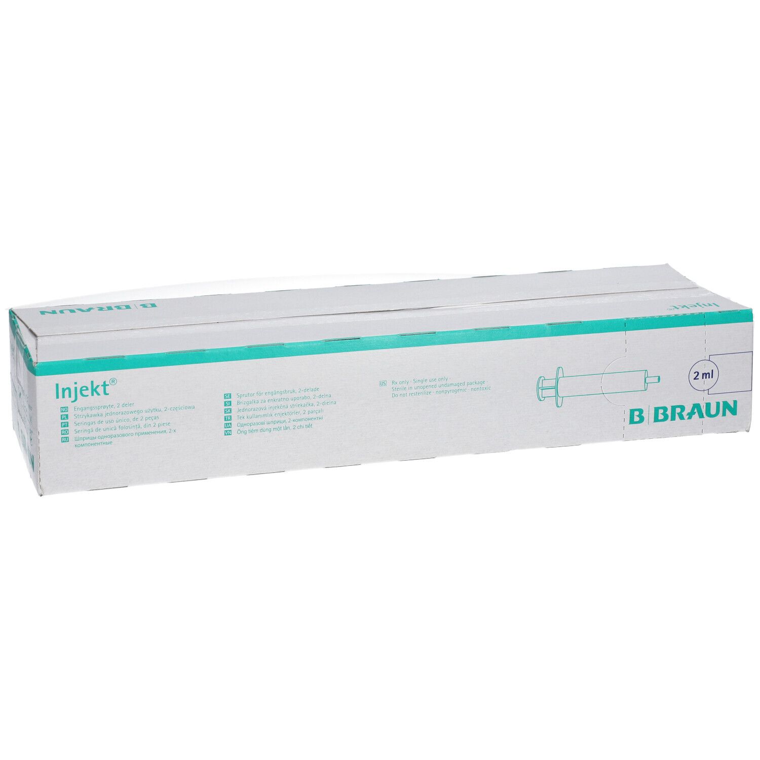 Boîte de seringues Injekt®. Inscription : B Braun, 2 ml. Emballage vert et blanc.