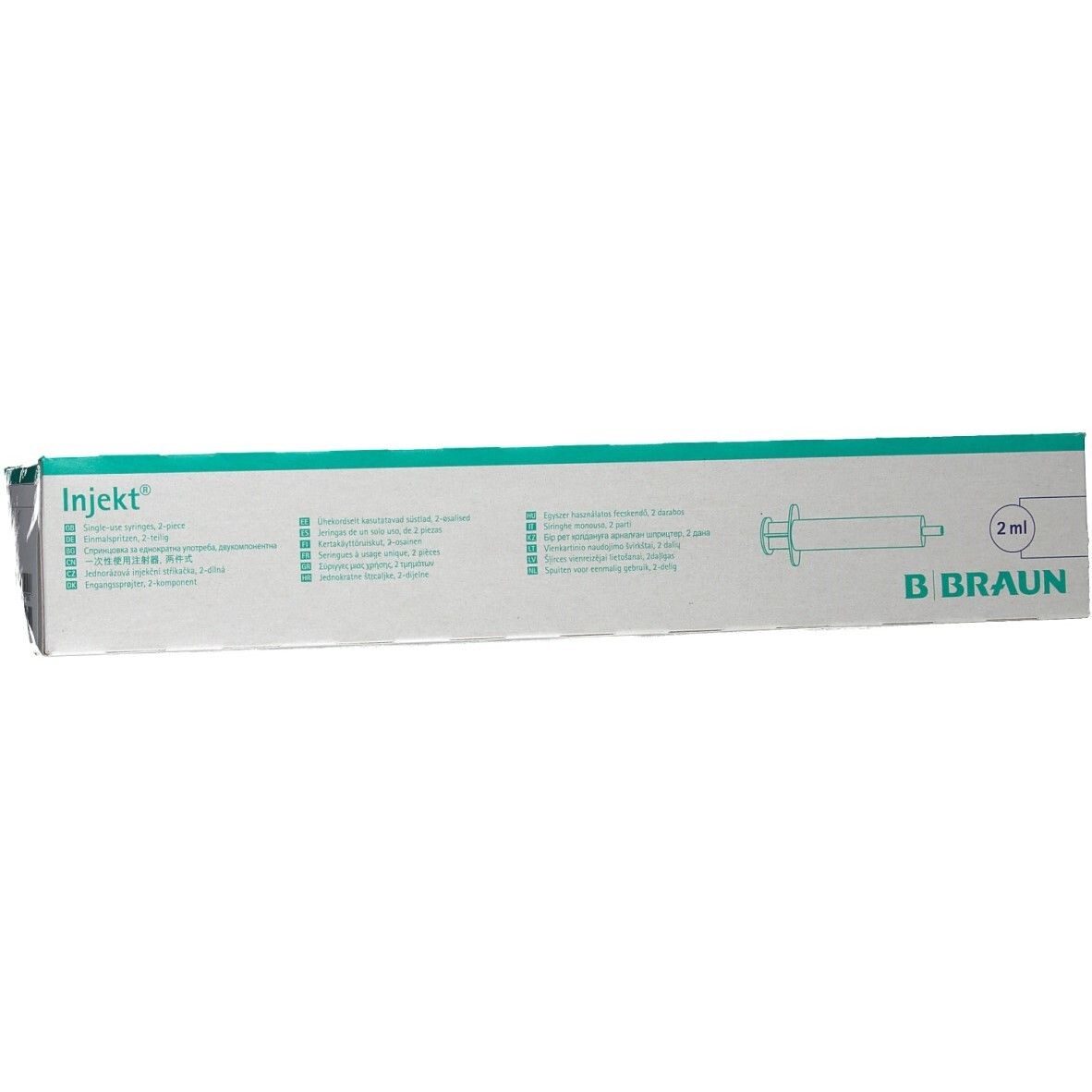 Boîte de seringues Injekt®. Inscription : B Braun, 2 ml. Emballage vert et blanc.