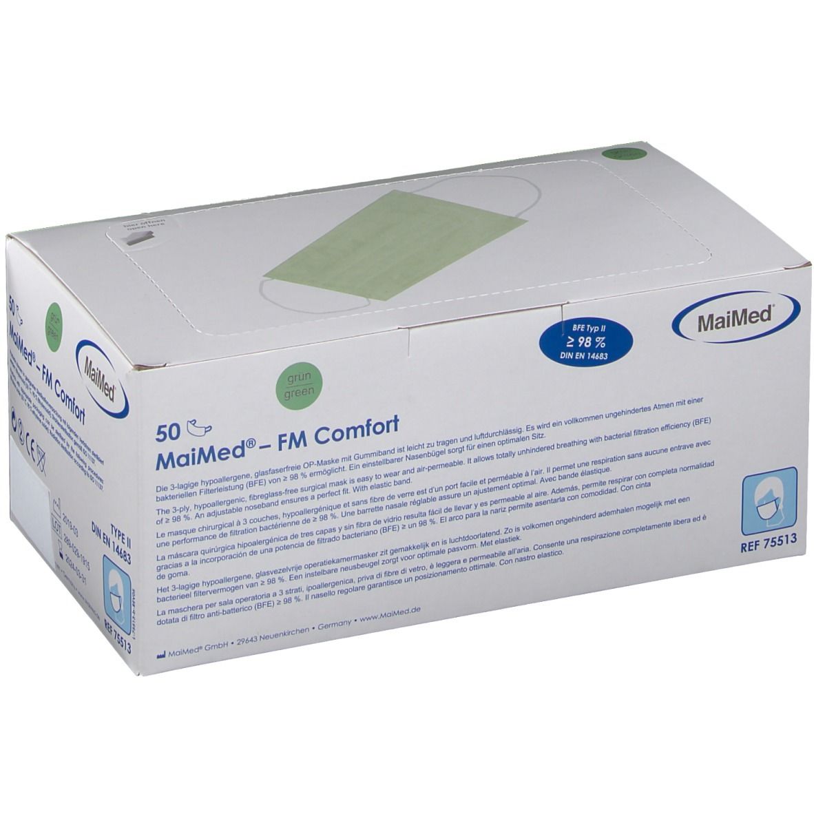 Boîte de 50 masques chirurgicaux. Marque MaiMed, modèle FM Comfort. Vert, avec pince-nez et élastiques. Efficacité de filtration ≥ 98%.