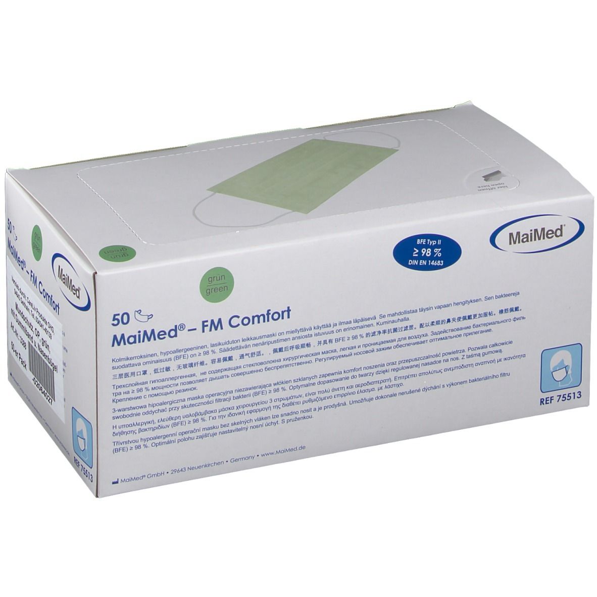 Boîte de 50 masques chirurgicaux. Marque MaiMed, modèle FM Comfort. Vert, avec pince-nez et élastiques. Efficacité de filtration ≥ 98%.