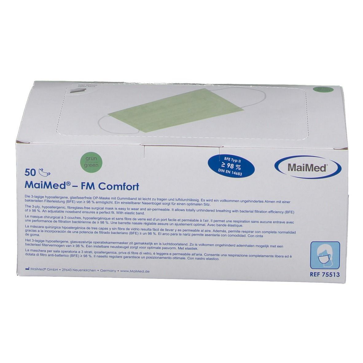 Boîte de 50 masques chirurgicaux. Marque MaiMed, modèle FM Comfort. Vert, avec pince-nez et élastiques. Efficacité de filtration ≥ 98%.