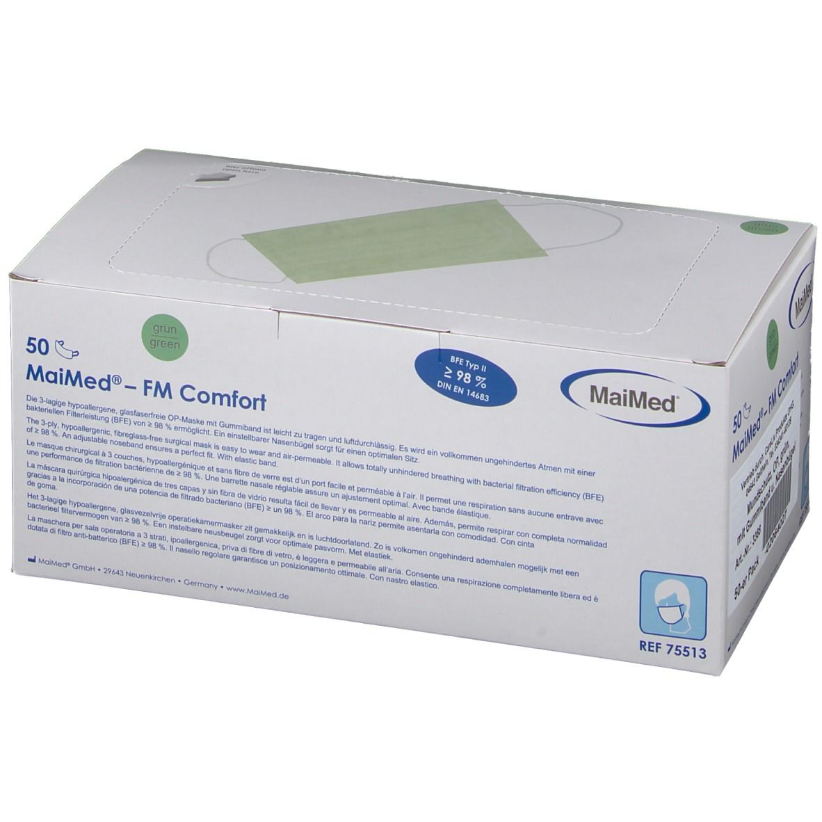 Boîte de 50 masques chirurgicaux. Marque MaiMed, modèle FM Comfort. Vert, avec pince-nez et élastiques. Efficacité de filtration ≥ 98%.