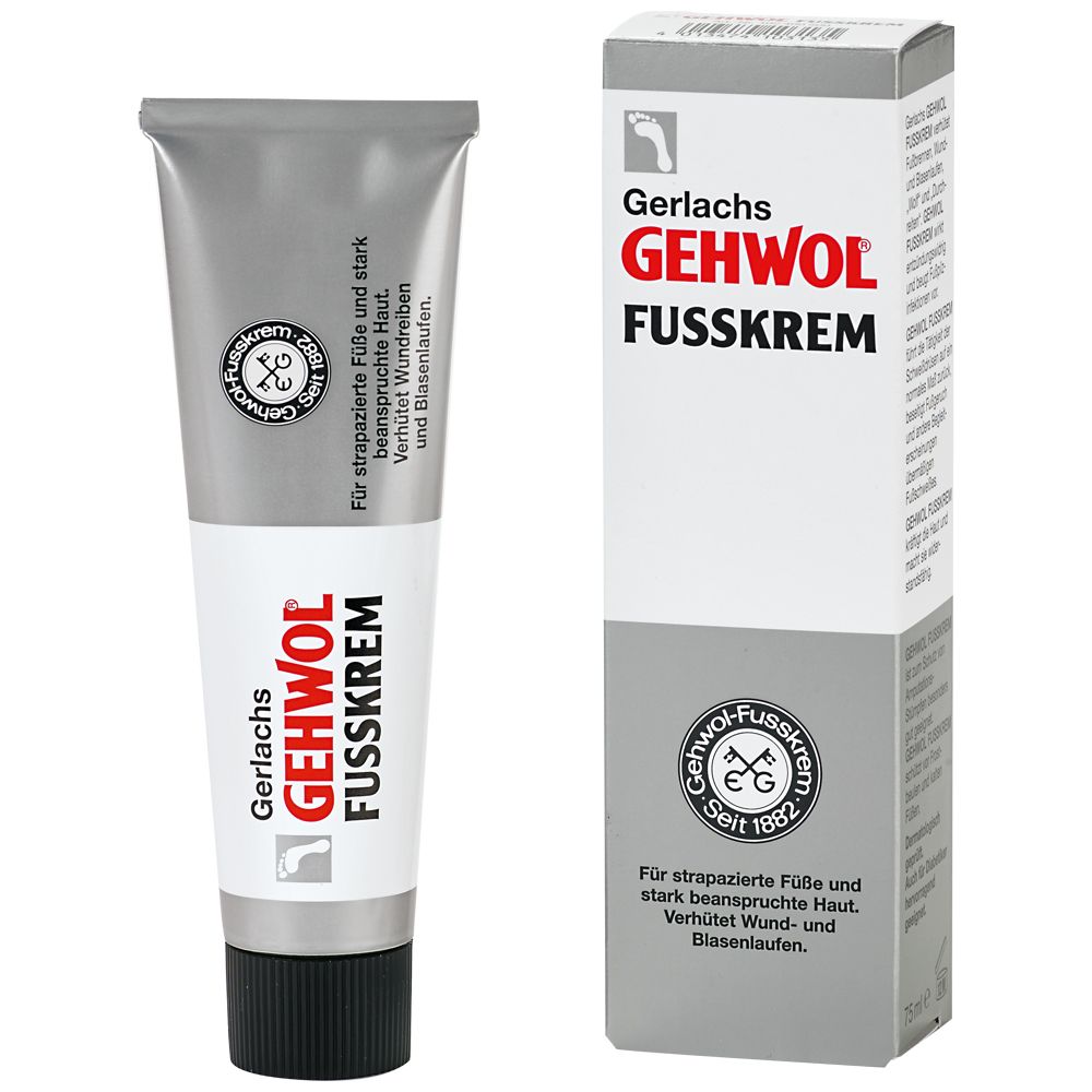 Tube et boîte de crème. Inscription : GEHWOL FUSSKREM. Logo et texte : Pour les pieds fatigués et la peau sollicitée.