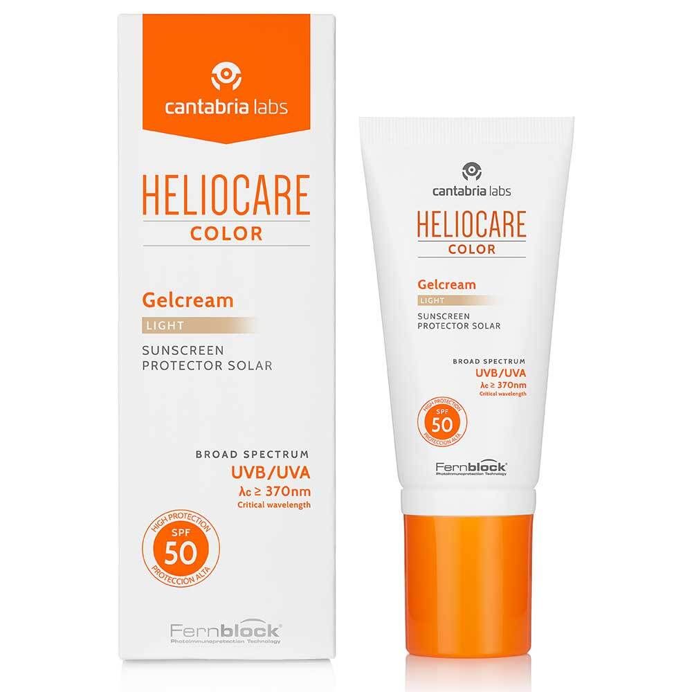 Heliocare Color Gelcream light SPF 50. Tube et boîte blanches. Accents orange. Texte et logo.