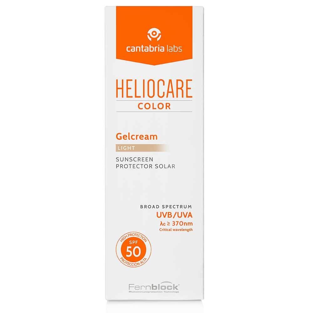 Heliocare Color Gelcream light SPF 50. Boîte. Couvercle orange. Texte et logo.