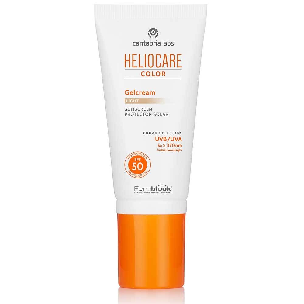 Heliocare Color Gelcream light SPF 50. Tube blanc. Couvercle orange. Texte et logo.
